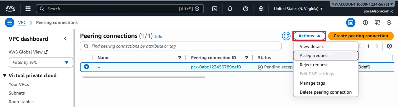 Actions menu with Accept Request option highlighted