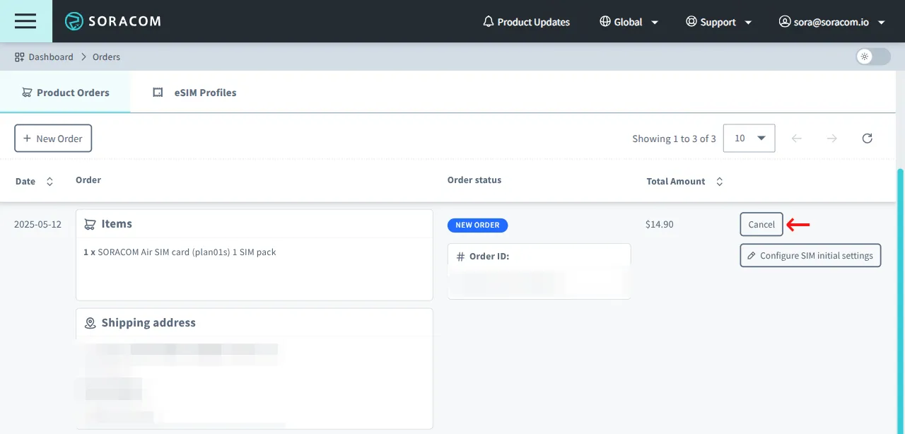 Screenshot of the Product Orders tab outlining cancellation and tracking options