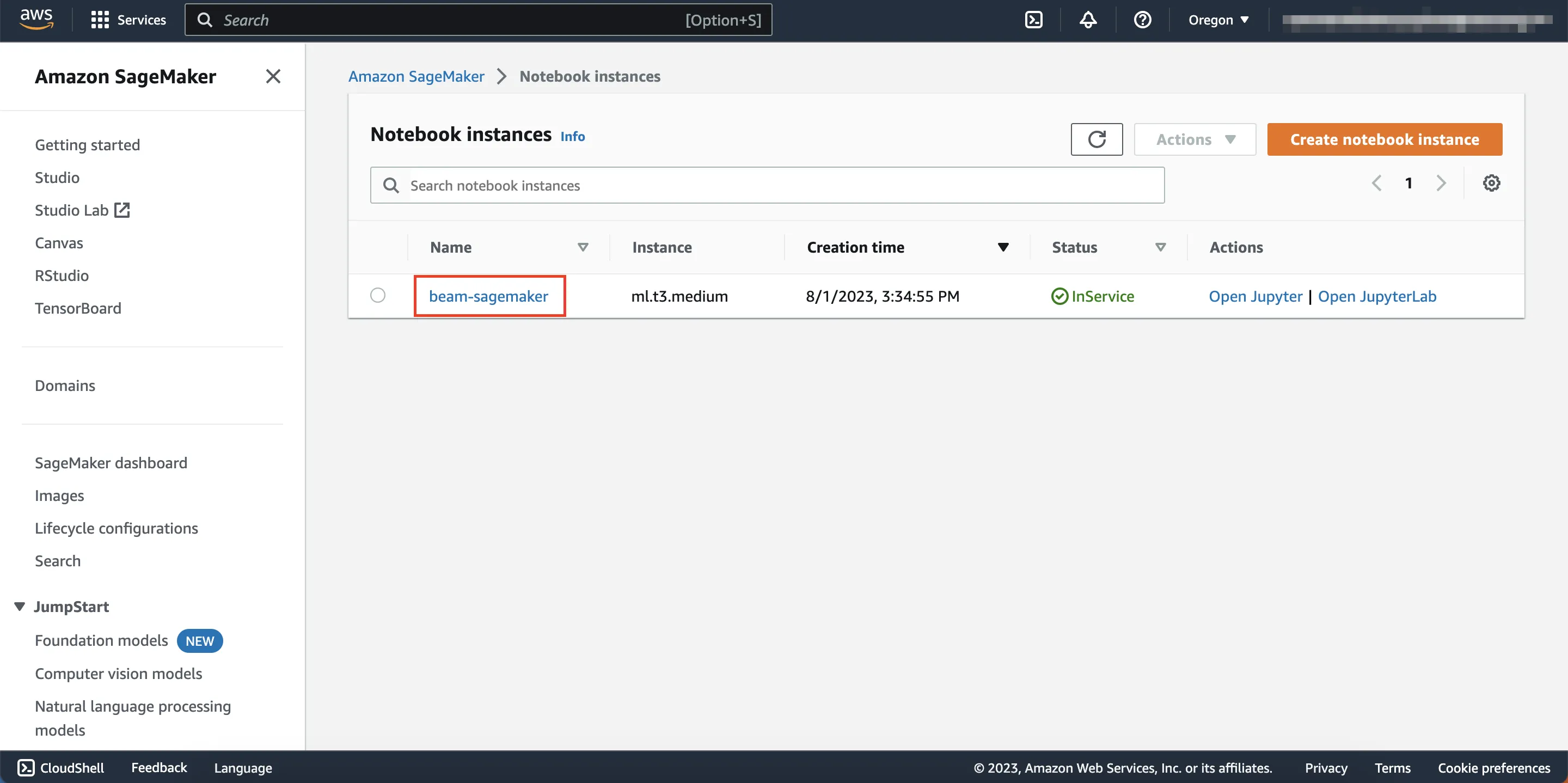 Select Notebook Instance