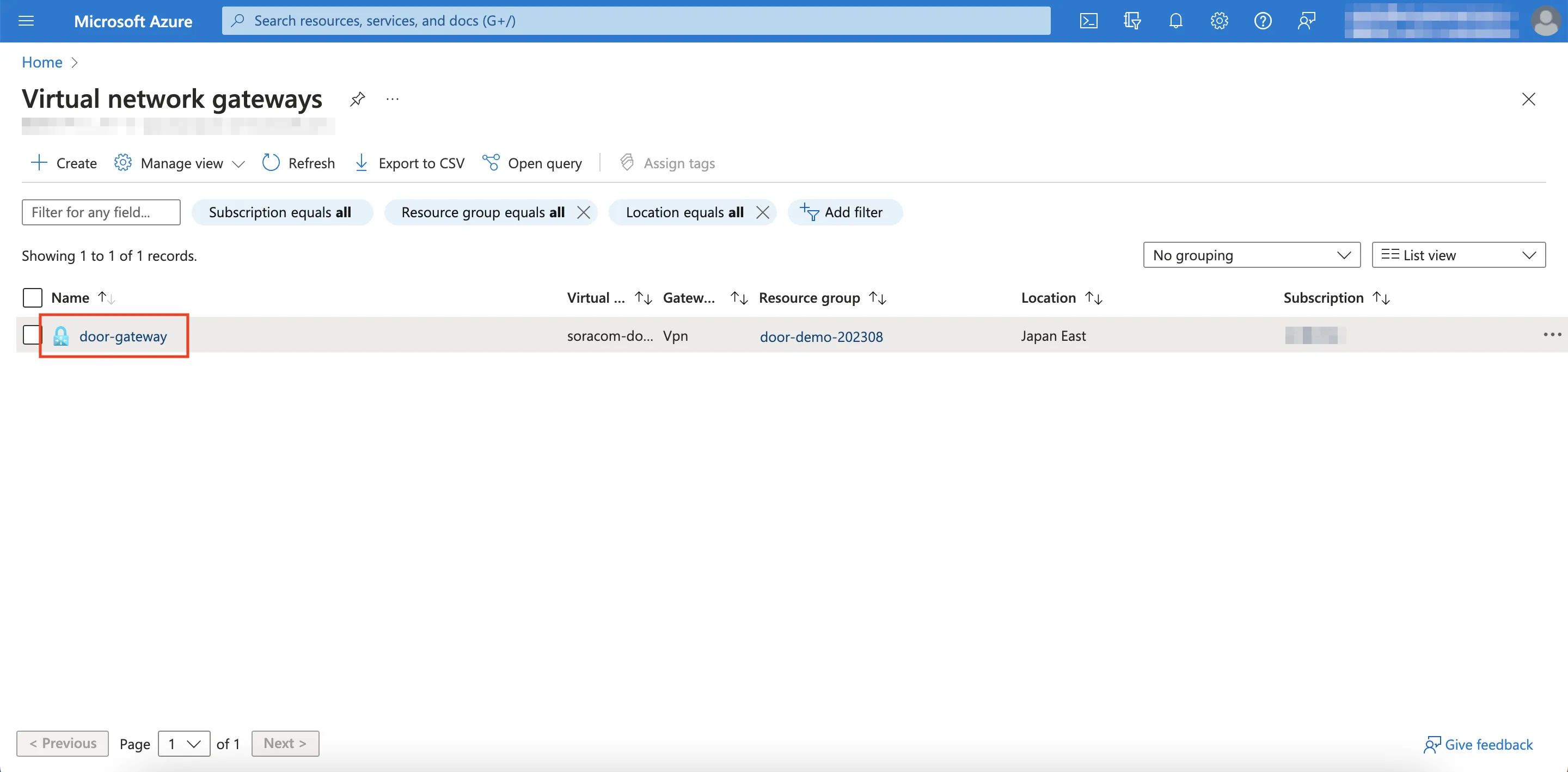 Select Virtual Network Gateway